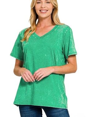 Zenana Outfitters Mineral Wash V-Neck Tee in Green